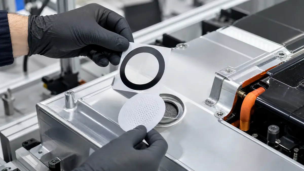 Gloved technician aligning a die-cut adhesive ring and vent membrane on an electric vehicle battery enclosure